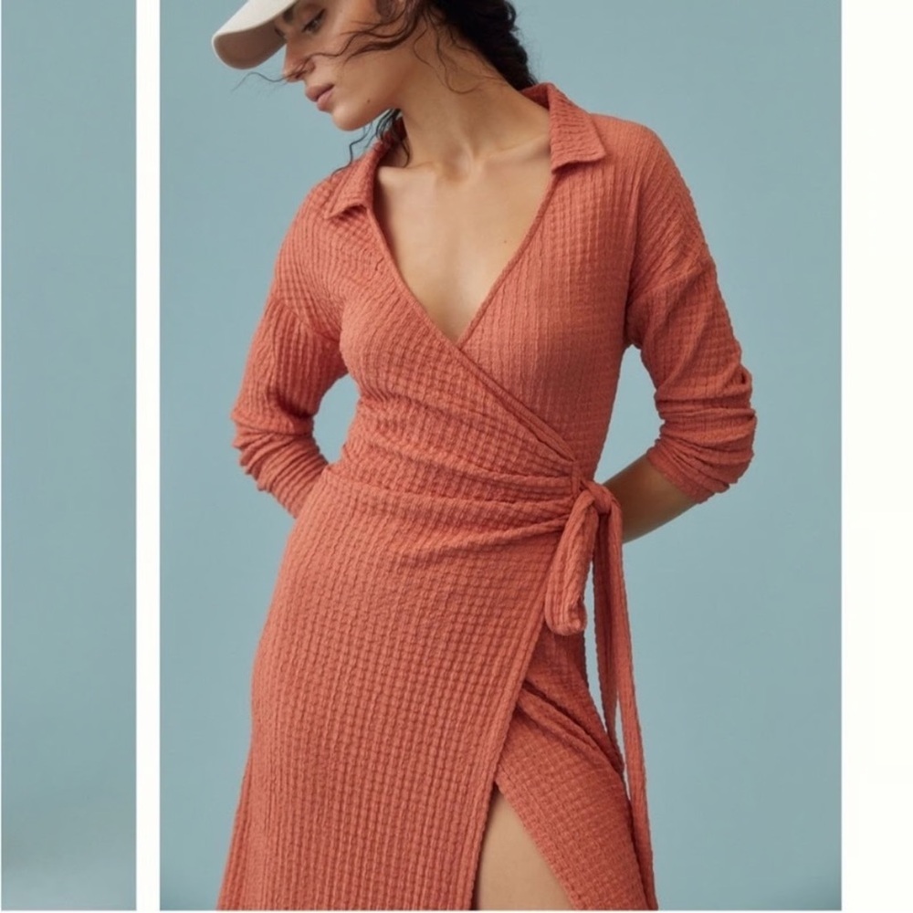 Anthropologie Waffle Wrap Midi Dress Orange Size S